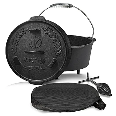 Bild av VOUNOT Dutch Oven gjutjärnsgryta 4,25 l med lockregulator och skyddspåse, holländsk ugnsgryta i gjutjärn, för camping, grill, utomhus eller inomhus, bärväska ingår