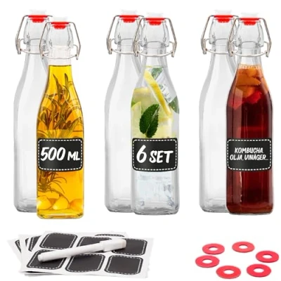 Bild av 6 glasflaskor 500ml Fyrkantig svängtopp flaskor med för fyllning inkl. extra förseglingar &amp; etiketter penna olja, vinäger, juice lemonad