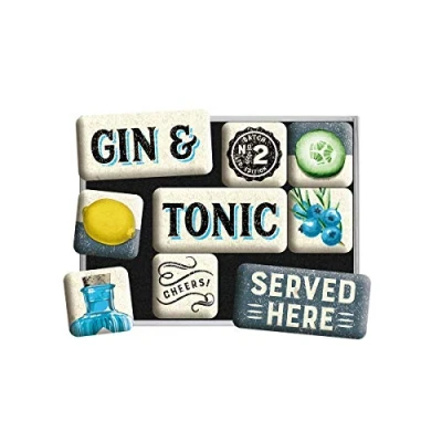 Bild av Nostalgic Art Kylskåpsmagneter i retrostil, Gin &amp; Tonic Presentidé som bartillbehör, Magnetset för magnettavlor, Deko vintagedesign, 9 stycken