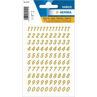 Bild av HERMA 4151 siffror klistermärken 0 9, väderbeständig (teckenstoralek 8 mm, 2 ark, folie) självhäftande, permanenta nummer klistermärken, 208 etiketter, transparent/guld