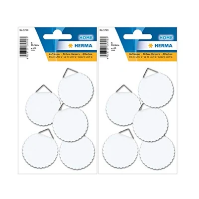 Bild av HERMA 5749 bildupph??ngning f??r limning, stor (? 45 mm, papper med linnestruktur) sj??lvh??ftande, vattenl??sligt gummerad, lastkapacitet 1 200 g, vit (12 krokar ? mm)