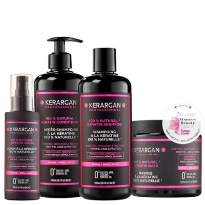 Bild av Kerargan Kit Shampoing, Après Masque et Sérum à la Kératine Pour Cheveu Sec Abîmé Sans Sulfate, Paraben Silicone 1600 ml