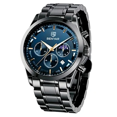 Bild av BENYAR Herrklocka analog kvartsrörelse kronograf stilfullt vardagligt armbandsur med armband i rostfritt stål vattentäta lysande datumklockor elegant present till män, Blått a, Ledig, mode, affärer