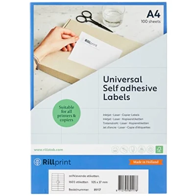 Bild av Rillprint självhäftande etiketter klistermärken 1 600 105 x 37 mm 16 utskrivbara per A4 ark mångsidig vit adress, frakt, prislapp etikett för bläckstråleskrivare och