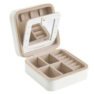 Bild av Songmics smyckeskrin resor, liten, smyckes resefodral, spegel, dragkedja, bärbart smyckesförvaring, PU överdrag, 11,4 x 5,5 cm, presentidé, molnvit JBC146BEV2