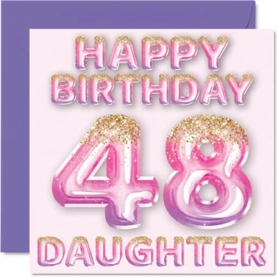 Bild av 48:e födelsedagskort för dotter rosa och lila glitterballonger grattis på 48 år gammal från mamma pappa föräldrar, 145 mm x födelsedag gratulationskort present