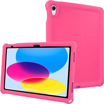 Bild av TECHGEAR Stötfångare designad för Apple iPad 10 2022, 10:e generationen, 10,9 tum, robust, stötsäkert, mjukt silikonskydd, enkelt grepp, halkfritt barnsäkert fodral med skärmfilm [ROSA]