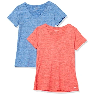 Bild av Amazon Essentials Dames Tech stretchig kortärmad V ringad T shirt (finns i plusstorlek), 2 Pack, Korallorange Rymdfärg/Ljusblå Rymdfärg, S