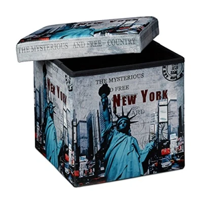 Bild av Avslappnade dagar kub hopfällbar sitslåda ottoman med trendiga motiv och avtagbart lock, falskt läder, flerfärgad, 38 cm New York 38x38x38 Flerfärgat17