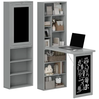 Bild av HOMCOM Fällbart datorbord, skrivbord med förvaring, hopfällbart väggbord bokhylla, arbetsstation, whiteboard och justerbar hylla, mörkgrå