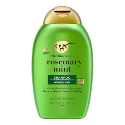 Bild av OGX refreshing scalp+ Rosemary Mint Shampoo (385 ml), klargörande hårschampo som hjälper till att ta bort oljor och rester, synligt för alla hårtyper, särskilt fet hår hårbotten