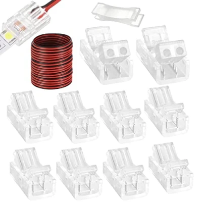 Bild av 2 polig LED remsa lampkontakter 8 mm bred lödlös till kabel snabbanslutningsadapter med 5 m förlängningssladd för vattentät eller icke enkel färg 2835 lampor 10 paket (2 stift