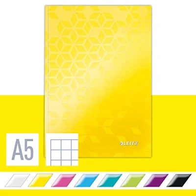 Bild av Leitz WOW Anteckningsbok med hård pärm, A5, 80 ark, rutad, vitt papper, 90 g/m2, gul, 46281016