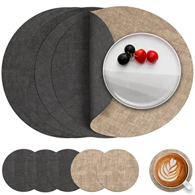 Bild av Myir JUN Runda bordstabletter och underlägg, i läder set med 6 tvättbara halkfria bordsunderlägg (grå beige, 6)