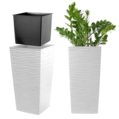 Bild av KADAX Växtkruka med innerkruka, höjd 36,5 cm, vit väderbeständig blomkruka för inomhus och utomhusbruk, perfekt trädgård, balkong terrass, plantering, dekoration som en snygg