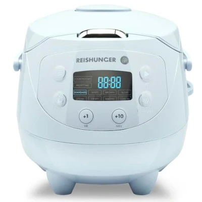 Bild av REISHUNGER Mini Digital Rice Cooker &amp; Steamer ljusblå med värmefunktion, timer premium innerbehållare multicooker inkl. rissked måttkopp, 8 program, 7 solid teknik, upp till 3 personer