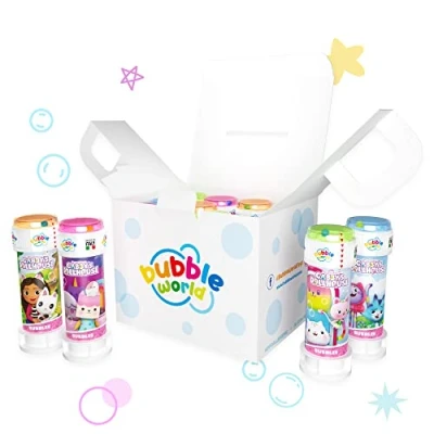 Bild av Bubble World GABBY&#039;S Party Pack 12 flaskor bubblor 60 ml Enfärgsrör och integrerad fläkt Perfekt för födelsedagsfester ditt barn hans vänner Tillverkad i Italien