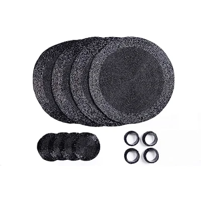 Bild av Penguin Home® Set med 12 glasunderlägg och servettringar i glaspärlor svart färg runda bordstabletter handgjorda av skickliga indiska hantverkare diameter 32 cm (13 tum)