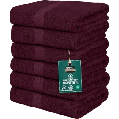 Bild av Utopia Towels 6 pack badhandduksset, 100 % ringspunnen bomull (60 x 120 cm) medium lätt och mycket absorberande snabbtorkande handdukar, premiumhanddukar för hotell, spa badrum (vinröd)