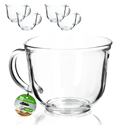 Bild av KADAX Teglas med handtag, 480 ml glaskoppsset, diskmaskinssäkra kaffeglas, glas för varma och kalla drycker, kaffekoppar, juiceglas, glakoppar (480 ml/4 stycken)