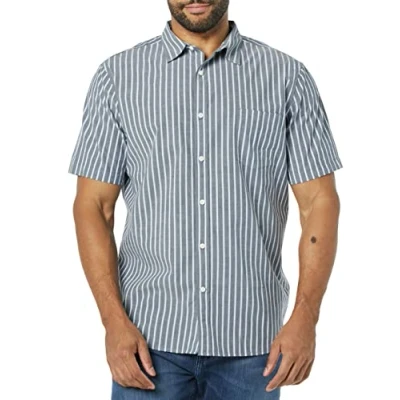 Bild av Amazon Essentials mäns Slim Fit kortärmad poplin skjorta, marinblå vit rand, Large