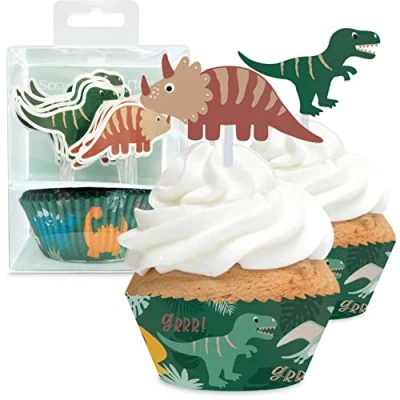 Bild av ScrapCooking set med 24 muffinsformar och toppers dinotema dekorationer för bakverk, desserter, kakor, födelsedagar tårtdesign