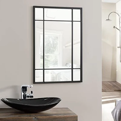 Bild av [en.casa] Väggspegel, Colobraro, fönsterspegel, rektangulär, 90 x 60 cm, spegel, svart ram, vertikalt, horisontellt, fönsterutseende med fästkrokar, sovrum, hall, väggdekoration
