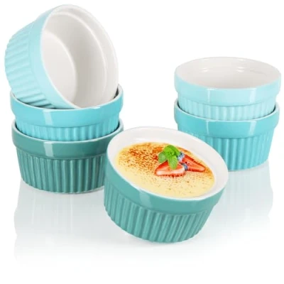 Bild av COM FOUR® 6x Souffléformar Keramikskål för crème brûlée Efterrättskål och patéskål 200 ml vardera Souffelkrukor i olika gröna nyanser