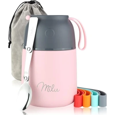 Bild av Milu® Termos 450/650 ml, av rostfritt stål, matbehållare/matkärl för barnmat, behållare att hålla maten varm, termisk matlåda, müsli to go, rosa, 650 ml