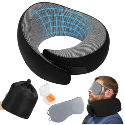 Bild av Premium Komfort Nackkudde för Flyg med Memory Foam Justerbar Resekudde Kardborrband &amp; Sövmask + Öronproppar Nappy Dreamjoy Flygreso (svart)
