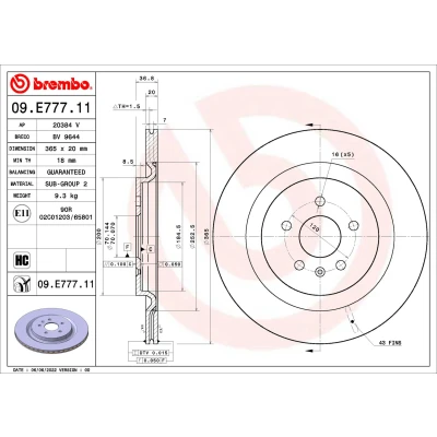 Bild av BREMBO Bromsskiva 365mm 20mm 5 ventilerad invändigt belagd höguppkolat 09.E777.11 P0002184AA,P0002184AB,P0002184AC,P0072638AC,P0072638AD Bromsskivor