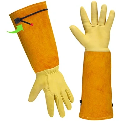 Bild av Rosenbeskärningshandskar för män och kvinnor tornsäkra goatskin läderhandskar armbågslängd långa Gauntlets händer underarmskydd (stor, gul)