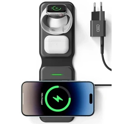 Bild av INIU 3 i 1 Trådlös laddare, 15W Magnetic Foldable Wireless Charger Snabb Support Telefonladdning för Apple Series iPhone 15 14 13 12 pro Max Mini, iWatch 7 6 5 4 3, AirPods 2 (Adapter Ingår)