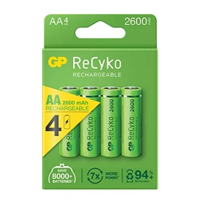 Bild av 4 x AA batterier uppladdningsbara 2 600 mAh ReCyko+ upp till 300 laddningar per batteri Förladdad kapacitet 80% efter 1 år