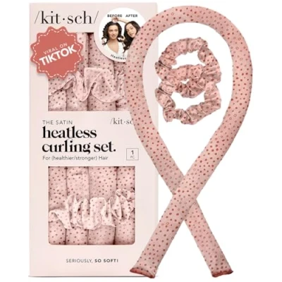 Bild av Kitsch Heatless locktångsset i satin, hårrullar för värmelösa lockar värmefria locktänger och varmrullar att sova värmelös locktång pannband (mikroprick)