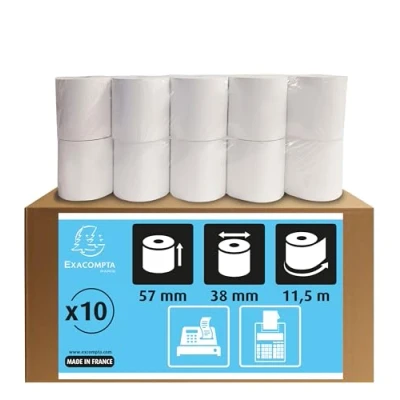 Bild av Exacompta Ref 5740120V Set med 10 rullar för räknemaskiner och kassaregister bredd 57 mm x diameter 38 kärna 12 1 skikt extra vit offset 60g/m² Längd (+ eller 2m) : 11,5 m