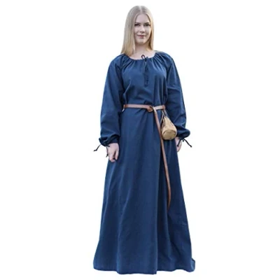 Bild av Battle Merchant Medeltida klänning Ana kvinnor vikingakostym långärmad golvlång bomull LARP vandring, vit, röd, blå, natur, XL