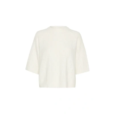 Bild av KAFFE Dam pullover rund hals normal passform hålstickad halv ärm hip längd, krita, L