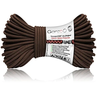 Bild av Ganzoo Paracord 550 rep mörkbrun, 4 mm, typ 3, nylonpolyester, hybrid, armband, hundkoppel, hundhalsband, ca 250 kg brottsbelastning, utomhusrep, campingsnöre, universalrep, 30 meter