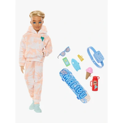Bild av Barbie Dream Besties docka och tillbehör, ställbar Ken modedocka med avtagbara kläder blont hår, nio delar på sommar skateboardtema, JDD75