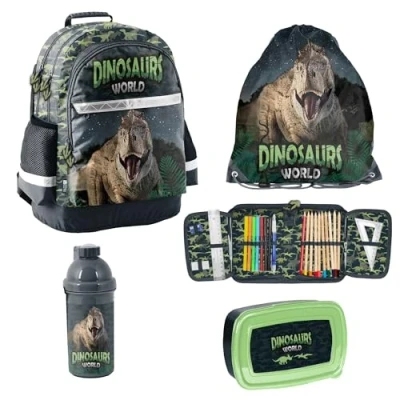 Bild av Paso 5 delad skolset: Barnryggsäck + gymväska fylld fjäderväska dryckesflaska brödburk dinosaurie dinosaurievärld, Dino, tum (12, dino