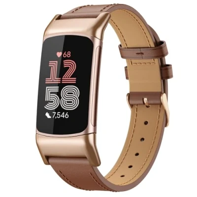 Bild av MoKo Leather Strap Compatible with Fitbit Charge 6/Fitbit 5 for Women Men, Genuine Watch Band Replacement Wristband, Brown