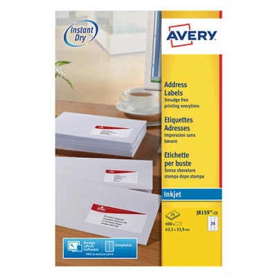 Bild av AVERY Påse med 600 självhäftande adressetiketter, anpassningsbara och utskrivbara, format 63,5 x 33,9 mm, bläckstråleutskrift, (J8159 25)