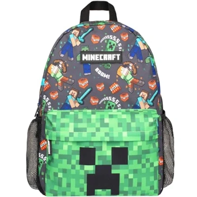 Bild av Minecraft Skolryggsäck för pojkar och flickor, stor A4 ryggsäck med flera fack resväska nätficka justerbara vadderade axelremmar, gRÖN, L