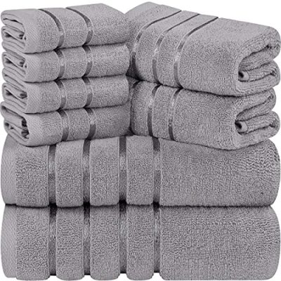 Bild av Utopia Towels 8 delat lyxigt handduksset, 2 badhanddukar, handdukar och 4 tvättlappar, 97% bomull, högabsorberande viskosstrimmiga handdukar, idealiska för daglig användning (Cool Grå)