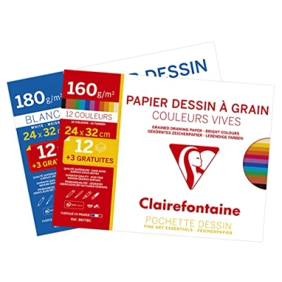 Bild av Clairefontaine 196778AMZC set med 2 förpackningar ritpapper, x 15 ark, blandade färger, DN A4+, 24 32 cm,