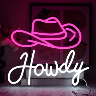 Bild av UExnkj Y Cowboy hatt neonskylt Howdy neonskyltar rosa vit med USB dimbar för sovrum, lekrum, hotell, bar, studio, väggdekoration