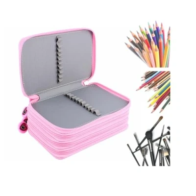 Bild av Fack Färgpenna Bärväska Stor Kapacitet Oxford Multilayer Pencil Organizer Rosa