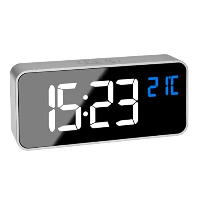 Bild av TFA Dostmann Digital väckarklocka med spegeleffekt, 60,2032,54, 2 larmtider, 16 larmtoner, 4 ljusstyrkenivåer, tid (AM/PM), integrerat batteri, silver (L) 145 x (B) 32 (H) 65 mm