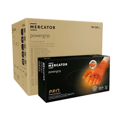 Bild av MERCATOR POWERGRIP nitrilhandskar, orange, engångshandskar, puderfria, Storlek: XL 50 stycken, latexfria 3 x tjocka diamanttextur
